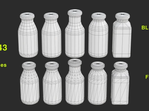 Mini juice glass bottles with low-poly mesh 3D Model