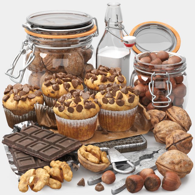 Chocolate muffins and nuts set 3Dモデル .c4d .max .obj .3ds .fbx .stl .blend 