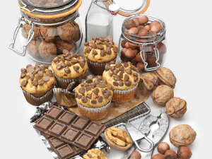 Chocolate muffins and nuts set 3D Model