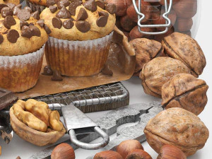 Chocolate muffins and nuts set 3D Model