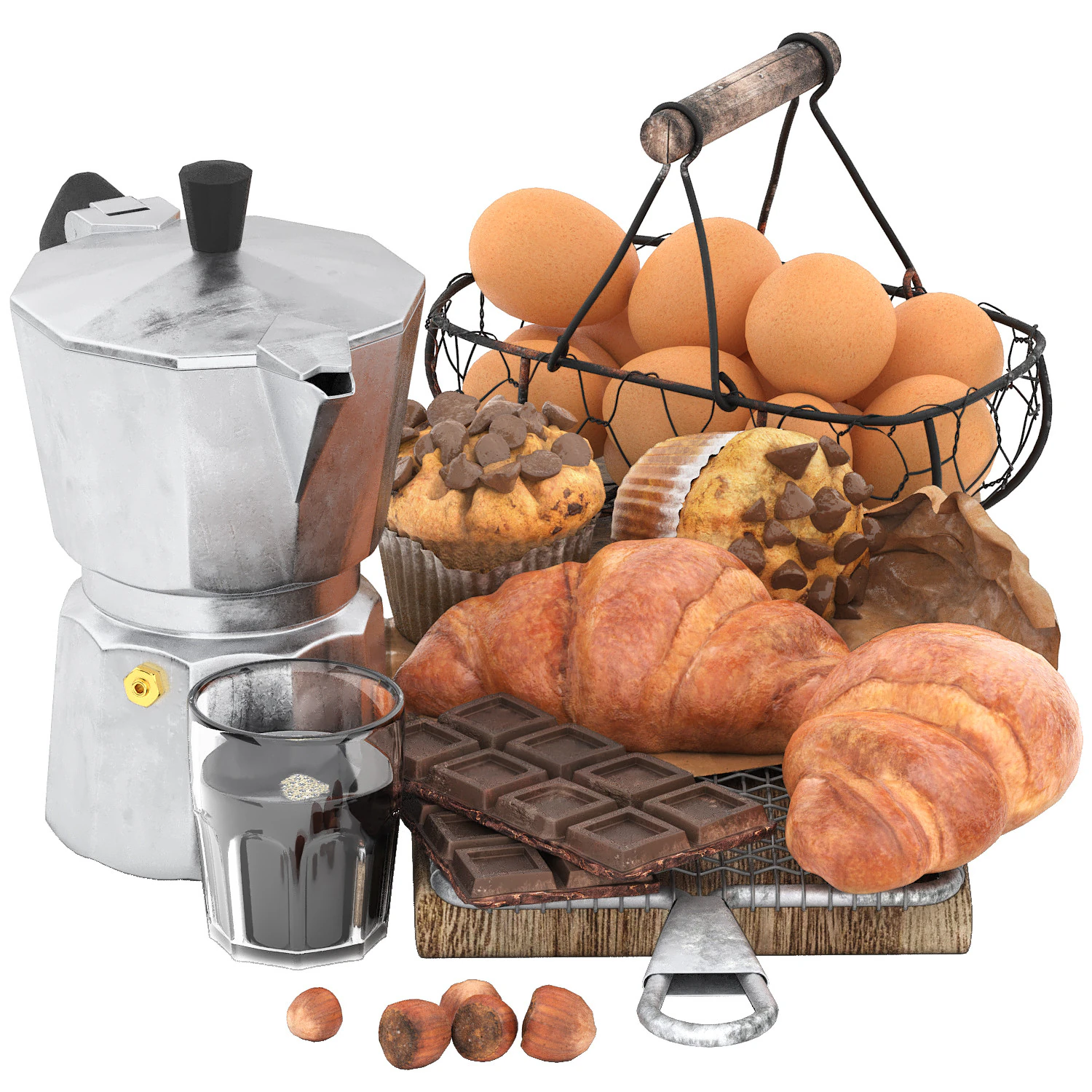 Breakfast with croissants chocolates and coffee 3D Model .c4d .max .obj .3ds .fbx .stl .blend 
