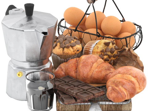 Сніданок з круасанами, шоколадом і кавою 3D Модель