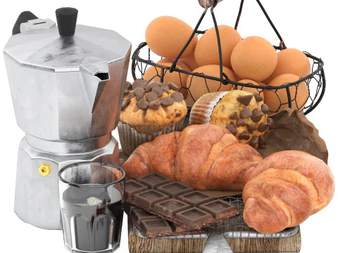 Breakfast with croissants chocolates and coffee 3D Model