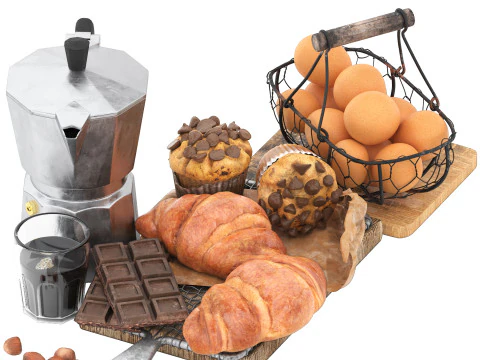 Breakfast with croissants chocolates and coffee 3D Model