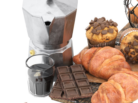 Breakfast with croissants chocolates and coffee Modelo 3D