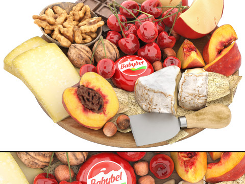 Plate of cheese nuts and fruits 3D Model