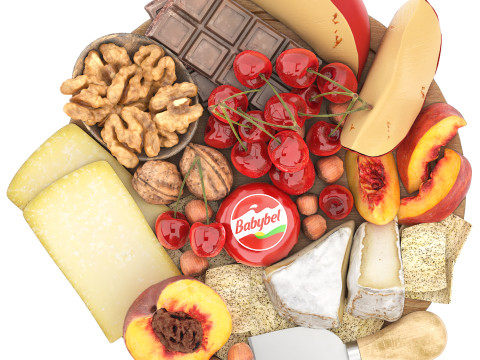 Plate of cheese nuts and fruits 3D Model