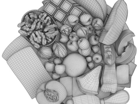 Plate of cheese nuts and fruits 3D Model