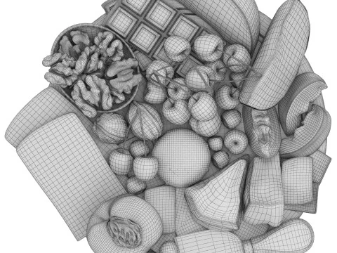 Sepiring kacang keju dan buah-buahan Model 3D