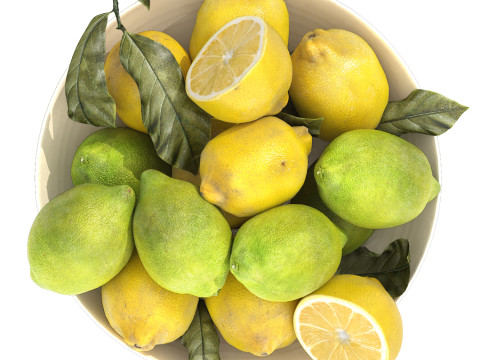Bowl of green and yellow lemons 3D Model