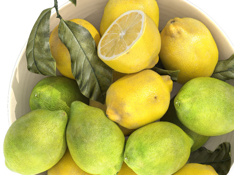 Bowl of green and yellow lemons 3D Model
