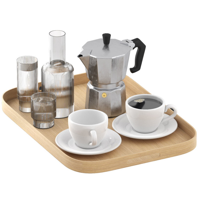 Rectangular tray of coffee and water 3D Модель .c4d .max .obj .3ds .fbx .stl .blend 