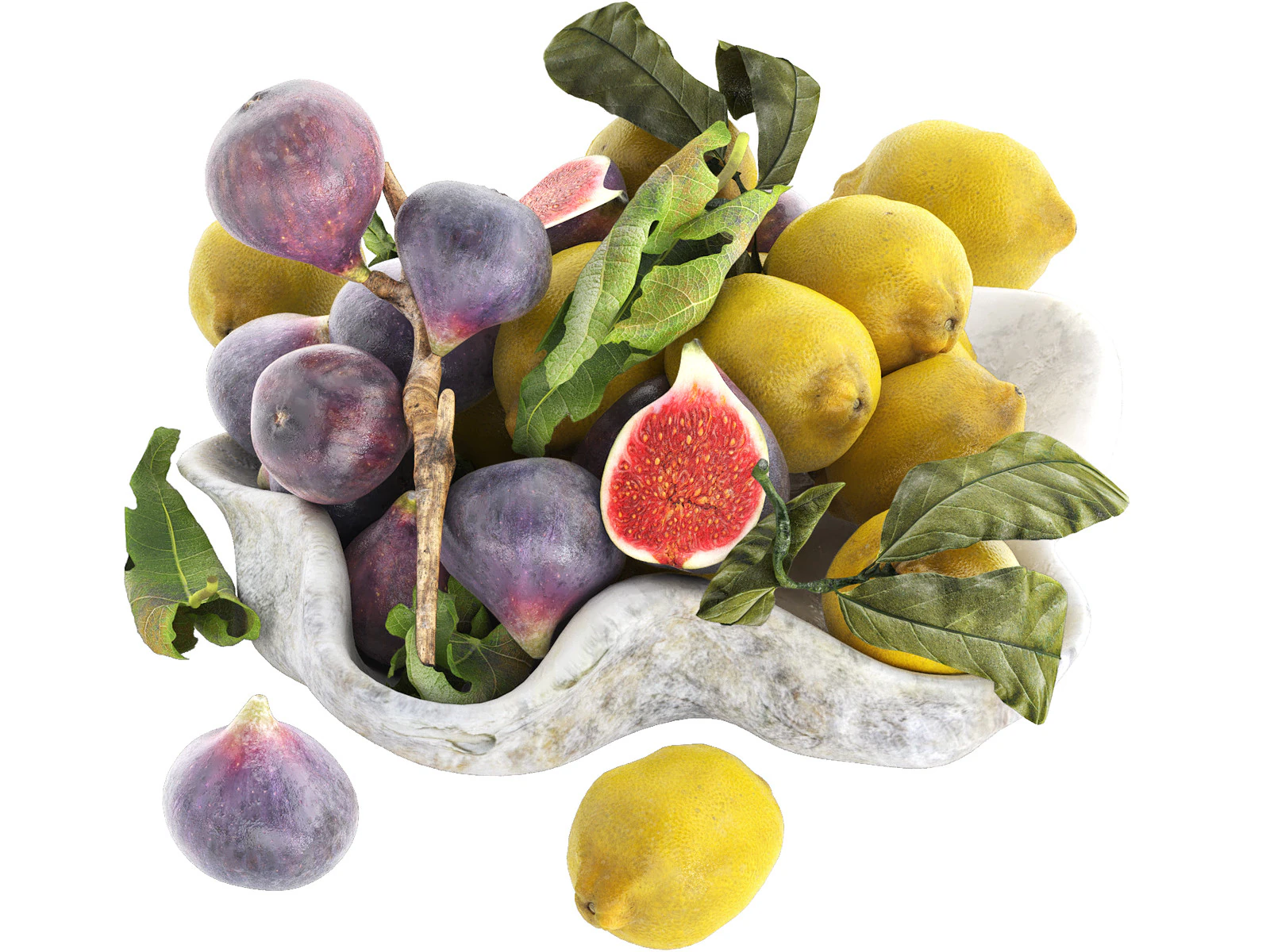 Bowl of figs and lemons 3D Model .c4d .max .obj .3ds .fbx .stl .blend