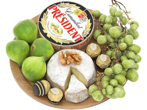 一盘奶酪、无花果和葡萄 3D 模型