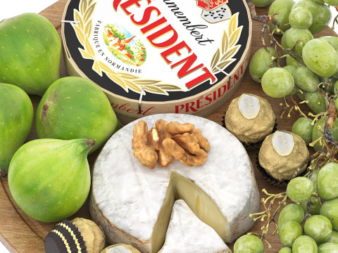 Plate of cheese figs and grapes Modello 3D