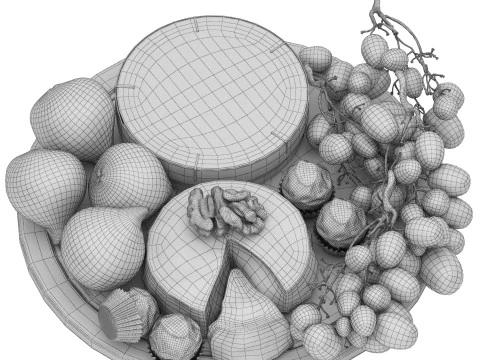 Тарілка сир інжир і виноград 3D Модель