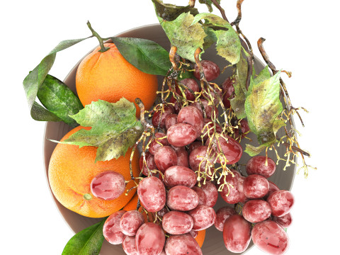 Bowl of oranges and brown grapes fruit Modèle 3D