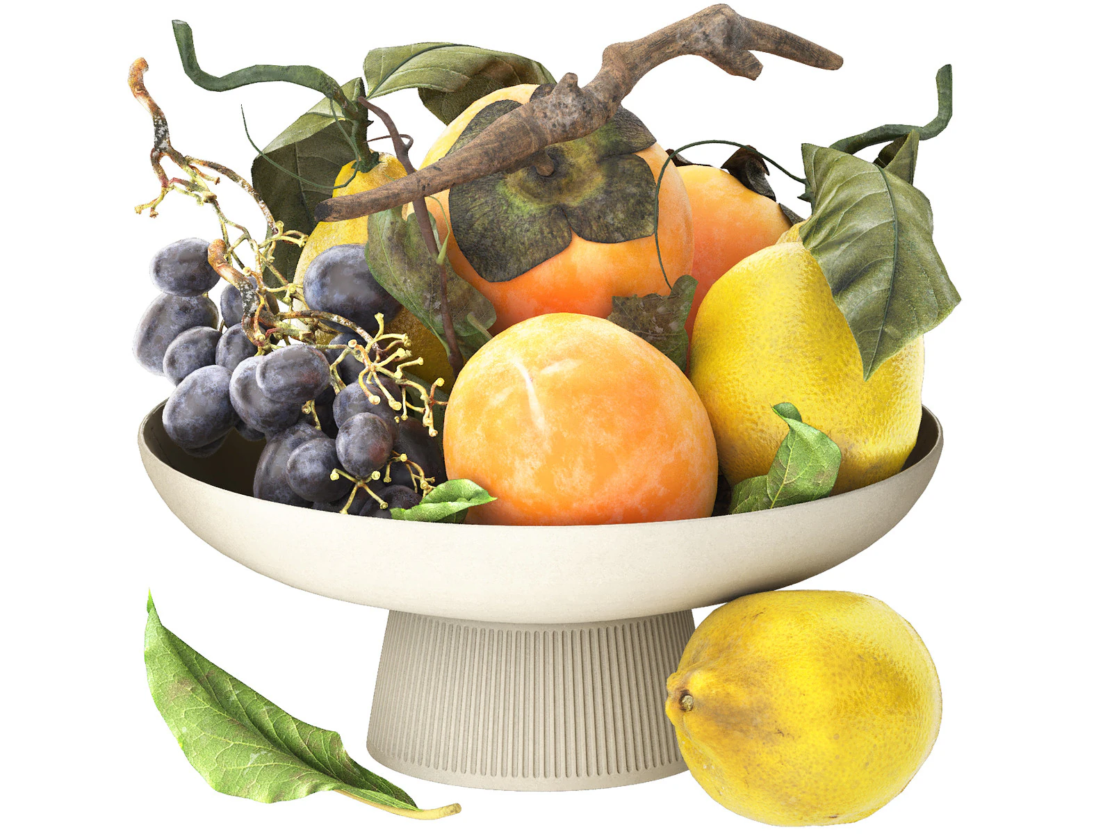 Bowl of tropical persimmon grapes and lemons fruits 3D Model .c4d .max .obj .3ds .fbx .stl .blend 
