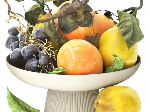 Bowl of tropical persimmon grapes and lemons fruits 3D Model