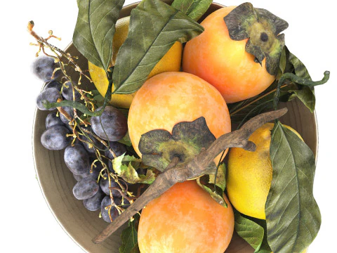 Bowl of tropical persimmon grapes and lemons fruits 3D Model
