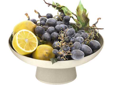 Bowl of lemons and black grapes fruit 3D-Modell