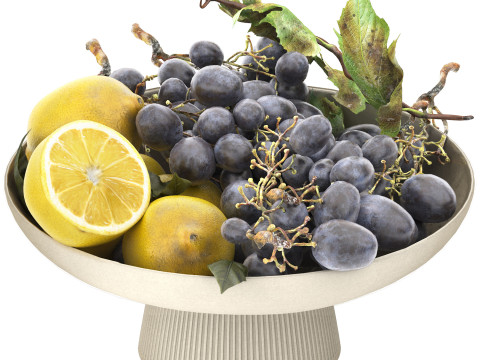 Bowl of lemons and black grapes fruit 3Dモデル