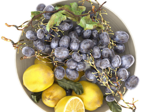 Bowl of lemons and black grapes fruit 3Dモデル