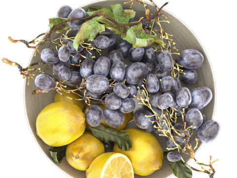 Bowl of lemons and black grapes fruit 3D Model