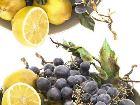 Bowl of lemons and black grapes fruit 3Dモデル
