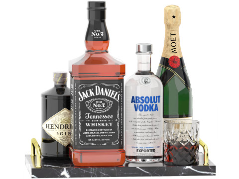 Marble tray of wine bottles and whiskey 3D Model