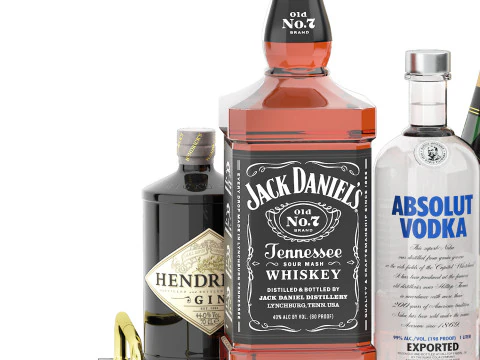 Marble tray of wine bottles and whiskey 3D Model