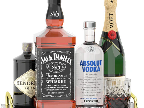 Marble tray of wine bottles and whiskey 3D Model