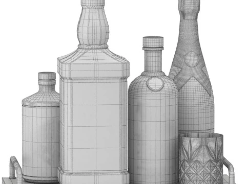 Marble tray of wine bottles and whiskey 3D Model
