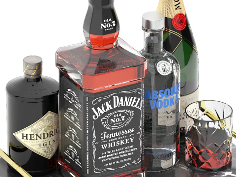 Marble tray of wine bottles and whiskey 3D Model