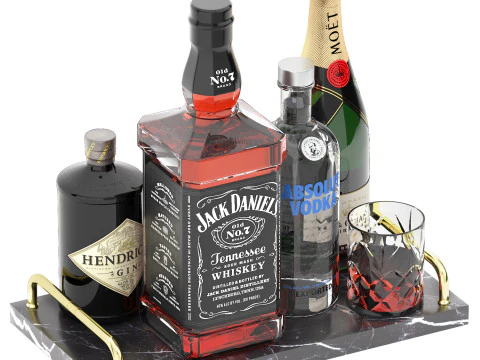 Marble tray of wine bottles and whiskey 3D Model
