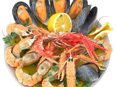 Seafood platter of langoustine and mussels 3D Model