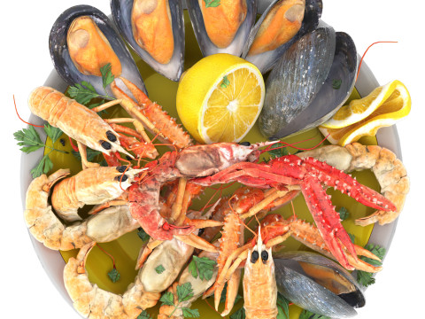 Seafood platter of langoustine and mussels 3D Model