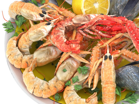 Seafood platter of langoustine and mussels 3D Model