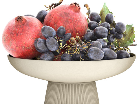 Bowl of black grapes and pomegranate fruit 3D Model