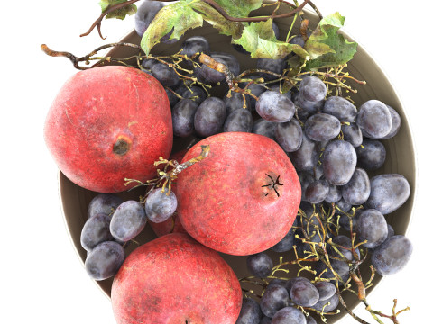 Bowl of black grapes and pomegranate fruit 3D Model