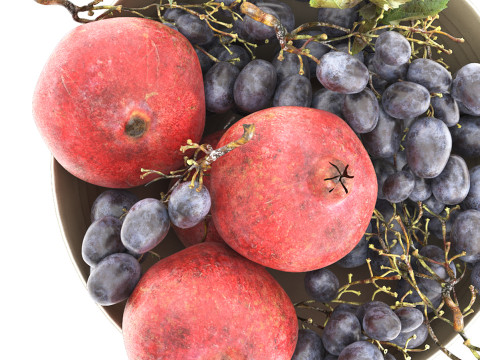 Bowl of black grapes and pomegranate fruit 3D Model