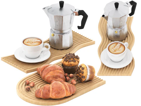 Bandeja de madeira ondulada com bolos de caf&eacute; e croissants Modelo 3D