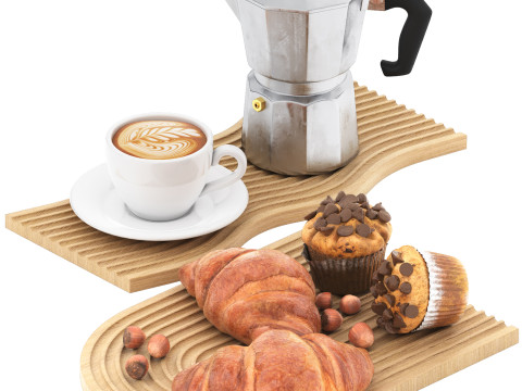 Ripple wooden tray of coffee cakes and croissants 3D Модель