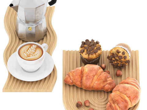 Ripple wooden tray of coffee cakes and croissants 3D Модель