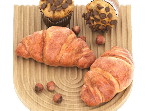 Ripple wooden tray of coffee cakes and croissants 3D Модель