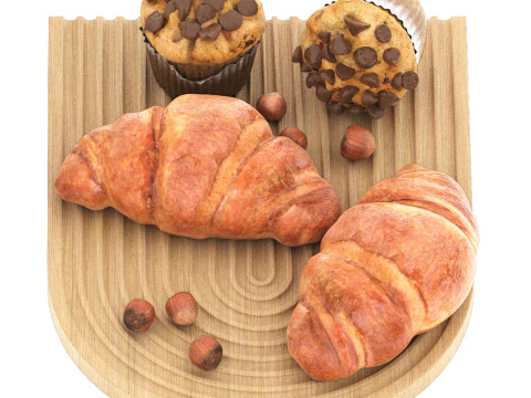 コーヒーケーキとクロワッサンのリップル木製トレイ 3Dモデル