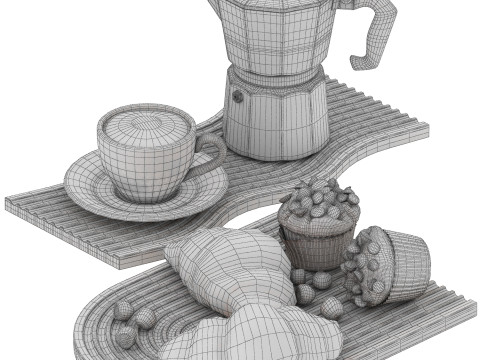 Ripple wooden tray of coffee cakes and croissants 3D Модель