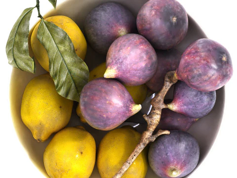 Bowl of figs and yellow lemons 3D Model