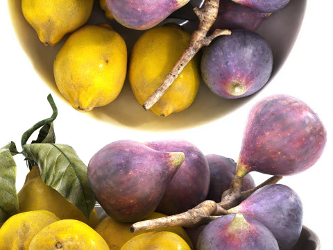 Bowl of figs and yellow lemons 3D Model