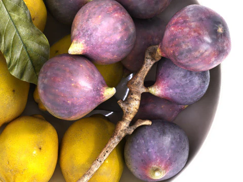 Bowl of figs and yellow lemons 3D Model